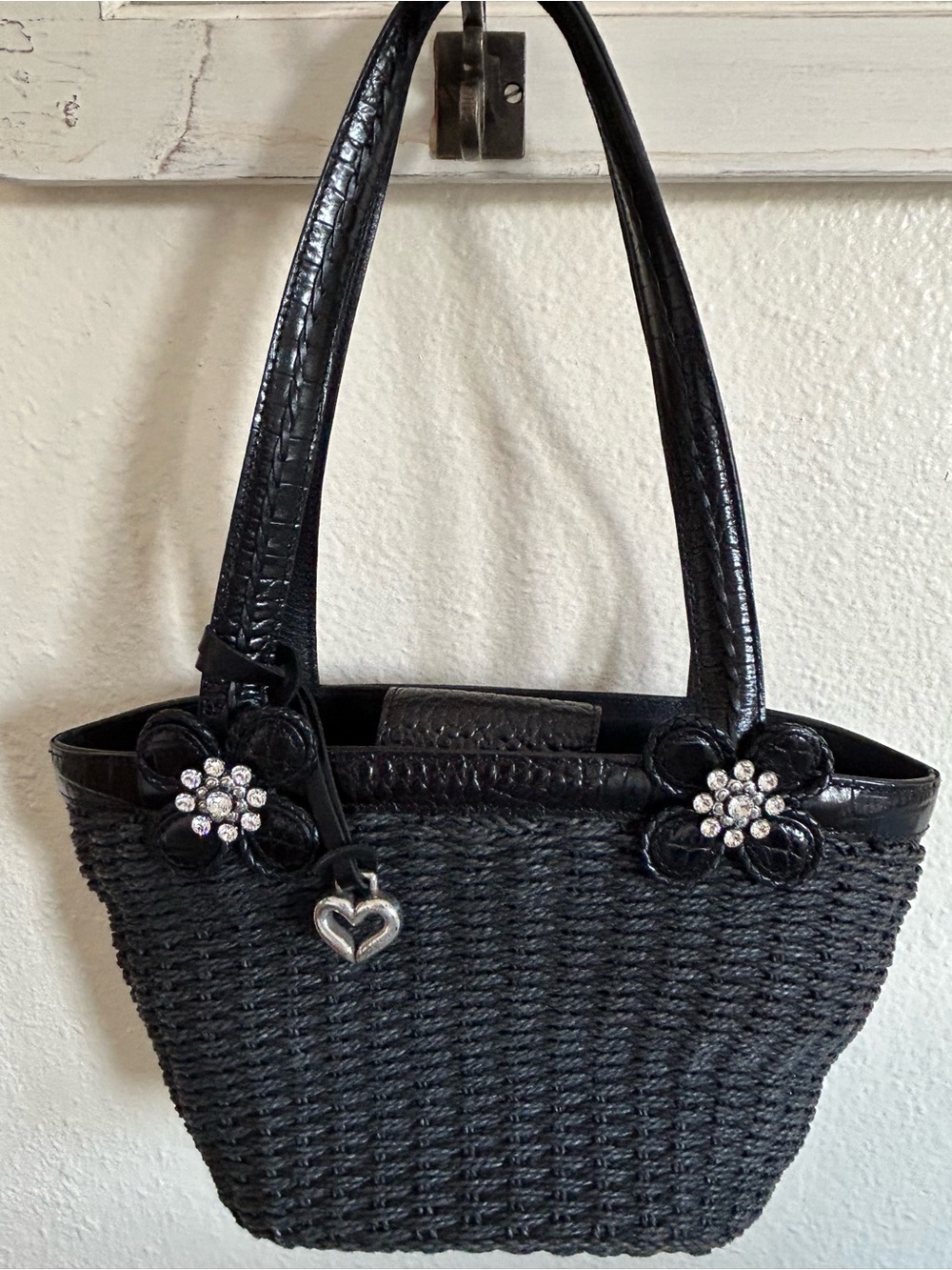 Brighton Twilight Black Straw Rhinestone Flower Tote Bag - EEUC